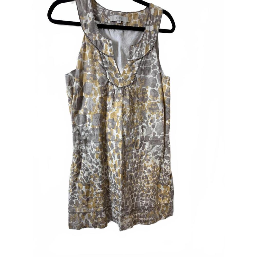 LOFT Linen Sleeveless Animal Print Lined Y2K v neck‎ shift dress SZ 8 Preppy